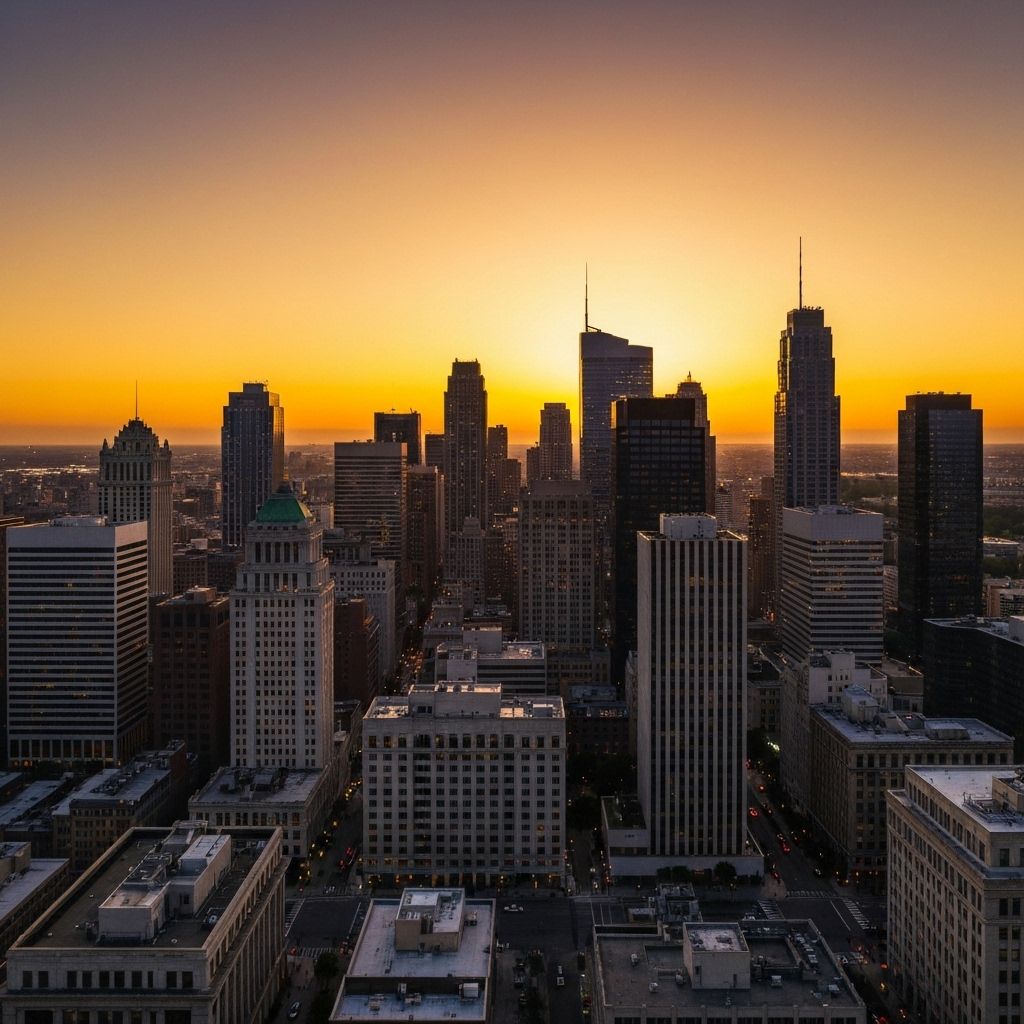 Urban skyline at dusk